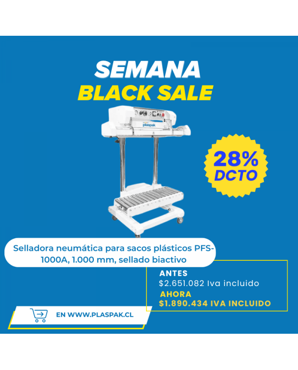 Selladora neumática para sacos plásticos PFS-1000A, 1.000 mm, sellado biactivo