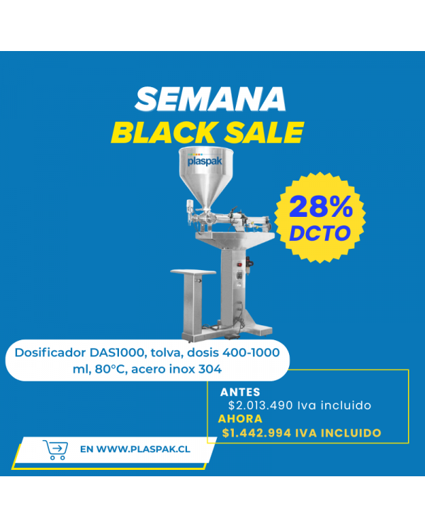 Dosificador DAS1000, tolva, dosis 400-1000 ml, 80°C, acero inox 304